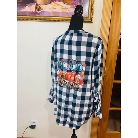 Time & Tru Turquoise Plaid V-Neck Custom Fall Graphic Blouse Size M 8-10 - Picture 8 of 10